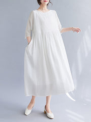 Pleated See-Through Solid Color Split-Joint Loose Short Sleeves Round-Neck Midi Dresses