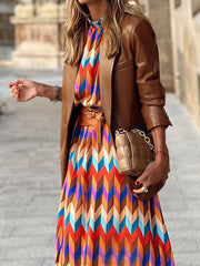 Contrast Color Elasticity Pleated A-Line Long Sleeves Stand Collar Midi Dresses