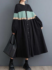 Buttoned Contrast Color Elasticity Split-Joint Long Sleeves Loose Round-neck Midi Dresses