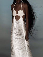 Tasseled Sleevless Spaghetti-Neck Elegant Wrap Maxi Dresses