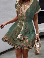 Elasticity Flower Print Hollow Split-Joint Tasseled Tied Waist A-Line Loose V-Neck Mini Dresses
