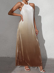 Gradient Pleated A-Line Loose Halter-Neck Maxi Dresses