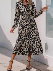 Printed Split-Joint Tied Waist Long Sleeves Loose Lapel Shirt Dress Midi Dresses