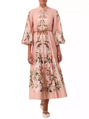 Flower Printed Long Sleeves Elegant Maxi Dresses