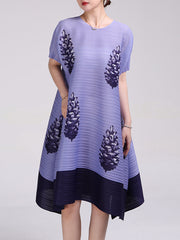 Flower Print Pleated A-Line Loose Round-Neck Midi Dresses