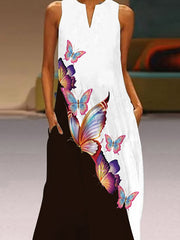 Butterfly Print A-line Loose Round-neck Maxi Dresses