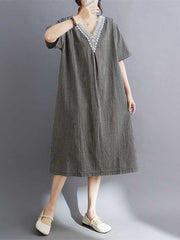 Plaid Pleated Split-Joint A-Line Half Sleeves V-Neck Midi Dresses