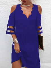 Half Sleeves Loose See-Through Solid Color Split-Joint Cold shoulder Mini Dresses