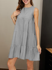 Pleated Solid Color Split-Joint A-Line Loose Round-Neck Mini Dresses