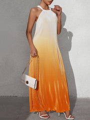 Gradient Pleated A-Line Loose Halter-Neck Maxi Dresses