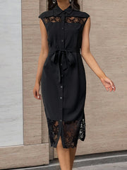 Buttoned Mesh Solid Color Split-Joint Tied Waist A-Line Cap Sleeve Lapel Midi Dresses