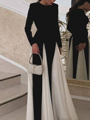 Contrast Color Elasticity Pleated Split-Joint A-Line Long Sleeves Round-Neck Maxi Dresses Evening Dresses