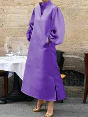 Buttoned Pleated Pockets Solid Color Split-side A-line Long Sleeves Stand Collar Midi Dresses