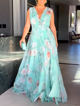 Sleeveless Floral Printed Split-Side V-Neck Maxi Dresses