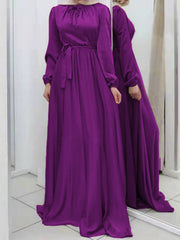 Pleated Solid Color Tied Waist Long Sleeves Loose Maxi Dresses