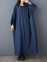 Solid Color Long Sleeves Loose Round-neck Midi Dresses