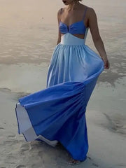 Gradient Color Pleated Sleevless Spaghetti-Neck Elegant Maxi Dresses