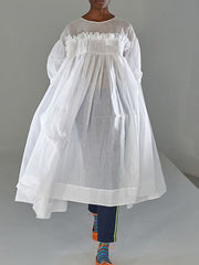 A-Line Long Sleeves Mesh Pleated See-Through Solid Color Split-Joint Round-Neck Midi Dresses