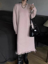 Fringed Solid Color High Waisted Long Sleeves Round-Neck Sweater Dresses Midi Dresses