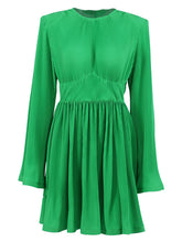 High-Waisted Pleated Solid Color Zipper A-line Flared Sleeves Round-neck Mini Dresses