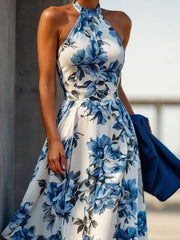 A-Line High Waisted Contrast Color Flower Print Pleated Halter-Neck Maxi Dresses