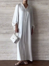 Loose Puff Sleeves Drawstring Solid Color Split-Joint V-Neck Maxi Dresses Shirt Dress