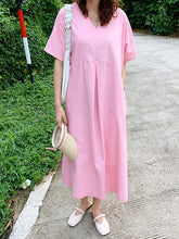 Loose Solid Color V-Neck Pleated With Pockets Midi Dresses