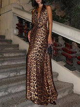 Leopard Sleeveless Haltneck Backless Sexy Maxi Dresses