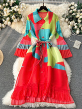 Belted Contrast Color Pleated Flared Sleeves Loose Midi Dresses