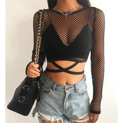 Hollow straps mesh T-shirt