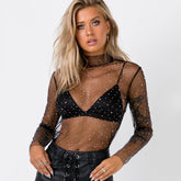 Black Daring See-through Rhinestoned Top