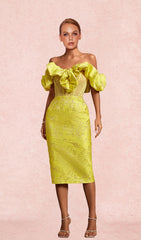 YELLOW OFF SHOULDER PLEATED MIDI BODYCON DRESS