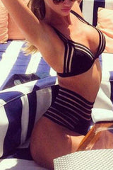 Striped Hollow Splicing Mesh Three-Point Bikini