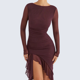 Maroon Long Sleeve Backless Ruffle Midi Dress