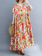 Pleated Printed Split-Joint Loose Short Sleeves Round-Neck Midi Dresses