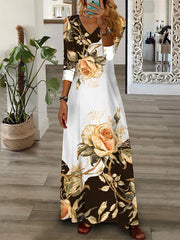Contrast Color Flower Print Loose Wrap V-Neck Maxi Dresses