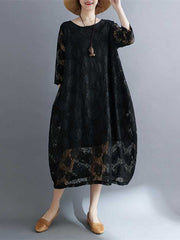 Hollow Solid Color Half Sleeves Loose Round-Neck Midi Dresses