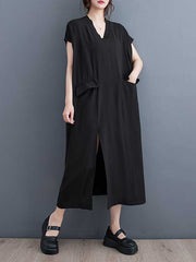 Solid Color Split-Front Split-Joint A-Line Loose V-Neck Midi Dresses