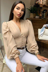 V-neck button puff sleeve slim long-sleeved T-shirt