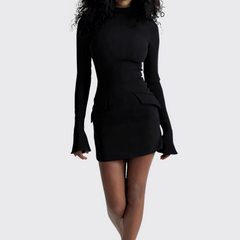 Black Mock Neck Flared Sleeve Mini Dress