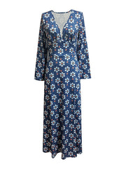 Flower Print Split-Joint A-Line Long Sleeves Deep V-Neck Maxi Dresses