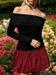 Contrast Color Pleated Split-Joint High Waisted Long Sleeves Off-The-Shoulder Mini Dresses