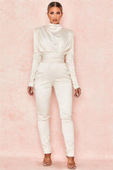 white satin pleated waist slim slimming jumpsuit