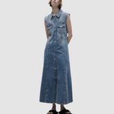 Blue Denim Sleeveless Long Dress