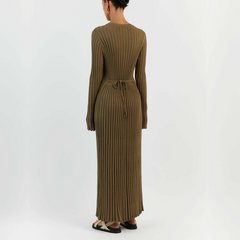 Brown Long Sleeve Knit Midi Dress