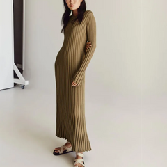 Brown Long Sleeve Knit Midi Dress