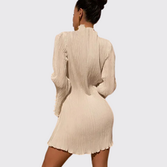 Cream Long Sleeve Pleated Mini Dress