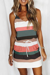 Fashion Casual Striped Patchwork V Neck A Line Dresses(11 Colors)