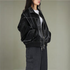 Black Contrast Stitch Leather Bomber Jacket