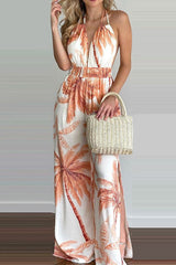 Fashion Simplicity Print Backless V Neck Loose Jumpsuits